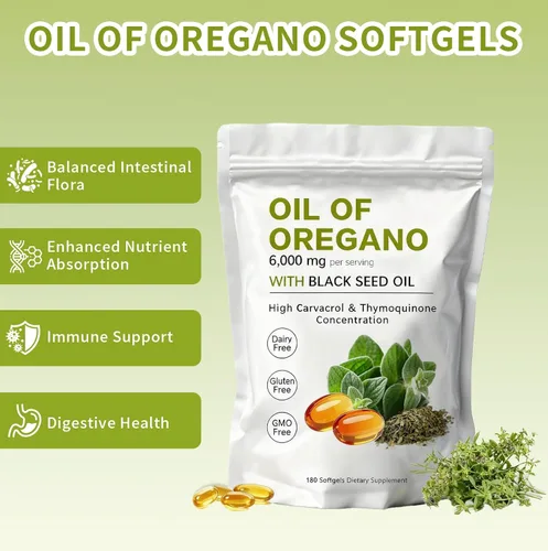 Miniatura 5 de Cápsulas blandas de aceite de orégano – Aceite de orégano con aceite de semilla negra de 6000 mg Aceite de orégano 2 en 1 Sin OMG – Sin gluten
