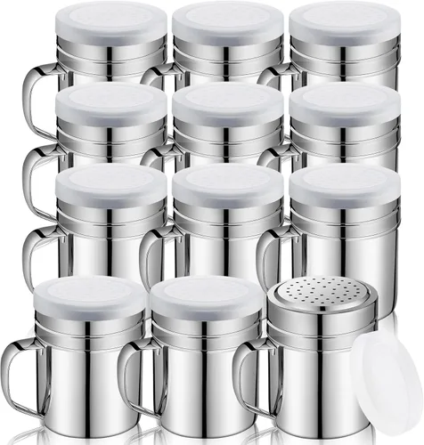 Lallisa 12 saleros de acero inoxidable de 10 onzas con agujeros y tapas, salero versátil para azúcar, pimienta, condimentos, harina, palomitas de