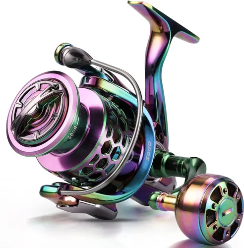 Miniatura 2 de Sougayilang Carrete de pesca, carretes giratorios de marco de aluminio colorido con 12+1 BB inoxidable, mango de aluminio de gran tamaño para pesca