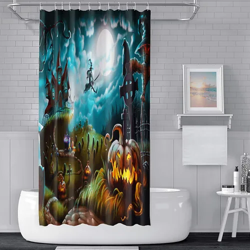 Miniatura 6 de Cortina de ducha de Halloween, cortinas de ducha de calabaza aterradora para baño, casa cazada de brujas, cortina de baño, cortina de baño