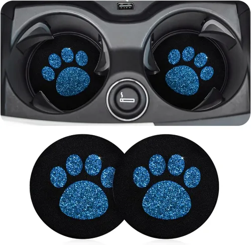 AUCELI – 2 paquetes de portavasos para automóvil, 7 cm de brillo con diamantes de imitación y huella de pata, tapete para bebidas con inserción