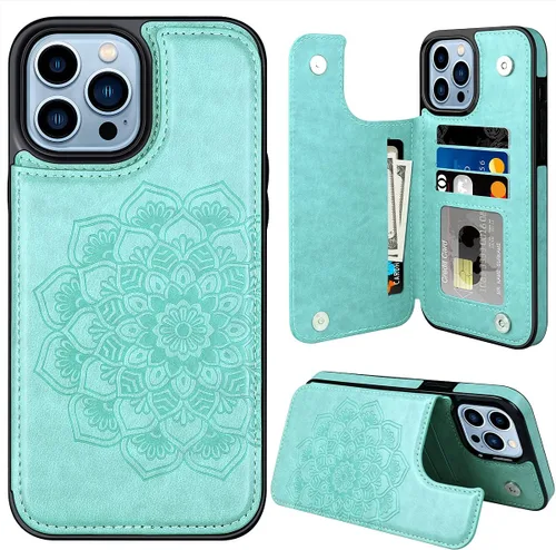 Miniatura 23 de MMHUO Funda para iPhone 14 con tarjetero y parte trasera magnética de flores para iPhone 14, funda protectora para iPhone 14, color oro rosa
