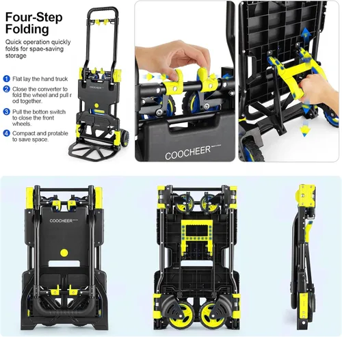 Miniatura 5 de Carretilla de Mano Plegable 2 en 1 Capacidad de Carga de 330 Libras, Carretilla de Mano Plegable con Mango Retráctil y 4 Ruedas de Goma, Carrito