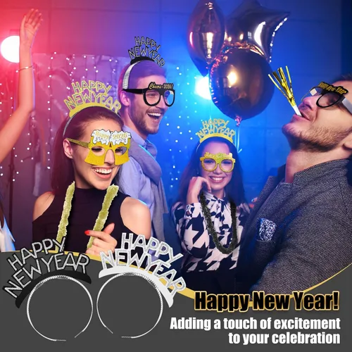Miniatura 7 de Silipull 192 piezas de suministros de fiesta de Nochevieja 2026 para 48 invitados – Gorros Top Tiaras, Diademas, gafas, collar de cuentas, cuernos