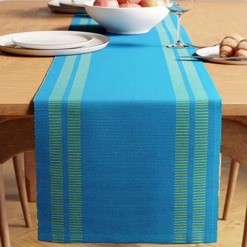Miniatura 16 de Encasa XO Camino de mesa de comedor de 13 x 72 pulgadas Algodón acanalado fino teñido con hilo Azul escalera Lavable a máquina Escalera Azul