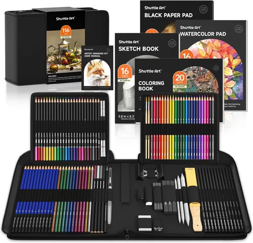 Miniatura 12 de Shuttle Art Kit de dibujo de 103 piezas, suministros de dibujo profesional con boceto, carbón, colores, grafito, lápices y palos pastel
