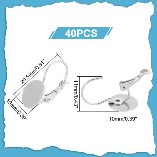 Miniatura 3 de UNICRAFTALE 40 piezas de aretes de acero inoxidable 304 con cierre de palanca, aretes planos, redondos, en blanco, cabujones, bandeja de bisel