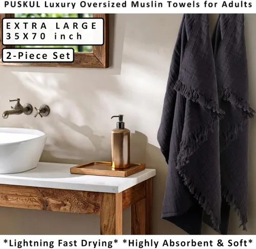 Miniatura 3 de PÜSKÜL - Toalla de baño de muselina de gran tamaño de 2 piezas para adultos, toallas de baño extra grandes de 35 x 70 pulgadas, 100% algodón turco