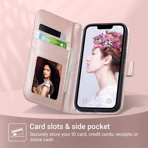 Miniatura 3 de ULAK Compatible con iPhone 13 Funda tipo cartera para mujer, funda tipo portafolios de piel premium con tarjetero y función de caballete, funda