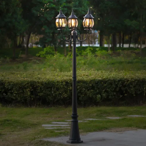 Miniatura 8 de LUTEC Poste de lámpara para exteriores con triple cabezal, luz de calle cableada para césped, patio, camino, jardín, poste negro con paneles