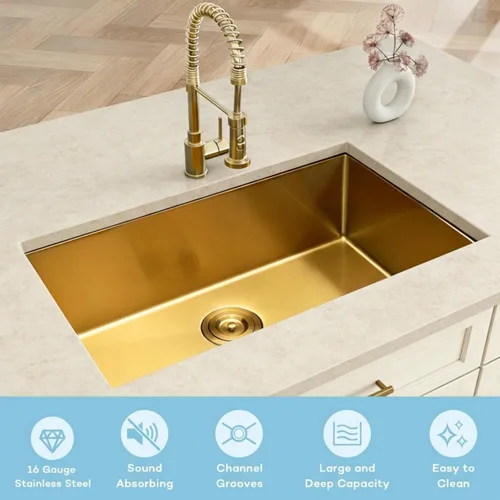 Miniatura 6 de Fregadero de cocina dorado, fregadero de cocina empotrado de 30 x 18 pulgadas, fregadero de acero inoxidable calibre 16 Oro