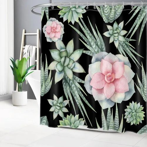 Miniatura 23 de Juego de cortinas de ducha de flamenco rosa, hoja verde salvia con hongo rojo, cortina de ducha para baño, cortina de ducha tropical de hoja