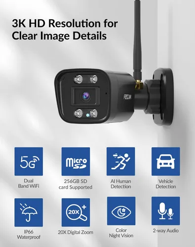 Miniatura 2 de FOSCAM Cámara inalámbrica de 3K 5MP para exteriores, cámara WiFi de 5 GHz y 2.4 GHz para seguridad en el hogar, cámara de vigilancia exterior FoV