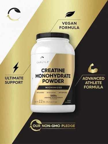 Miniatura 5 de Carlyle Monohidrato de creatina en polvo de 5000 mg 200 porciones Sin sabor 2.2 libras Suplemento de creatina micronizada Vegano, sin OMG