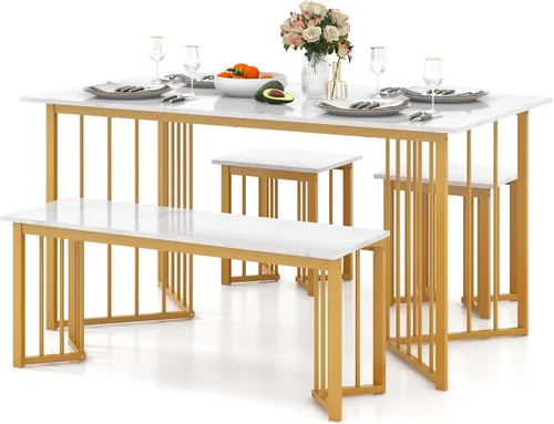 Giantex Juego de mesa de comedor de 4 piezas para 4, juego de sillas de mesa de cocina con banco y 2 taburetes, patas de metal en forma de ala,