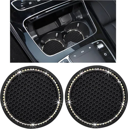 Kewucn - Juego de 2 posavasos brillantes para automóvil, inserto de silicona con diamantes de 7 cm para portavasos de automóvil, almohadilla de goma