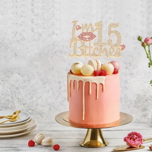 Miniatura 5 de ¡Soy el topper de pastel de cumpleaños número 15 divertido en oro y rosa con strass - ¡Feliz cumpleaños número 15, saludos a los quince años!