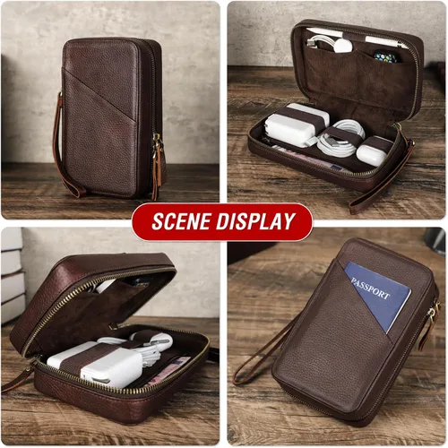 Miniatura 2 de Kit técnico de estuche organizador electrónico, cuero de grano superior hecho a mano, portátil compacto de viaje, accesorios electrónicos de viaje