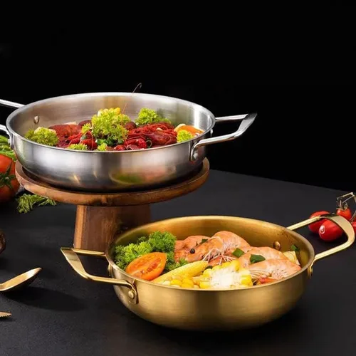 Miniatura 4 de Sartén de paella dorada de acero inoxidable de 7 pulgadas para cocinar recetas de arroz de paella fiesta en casa