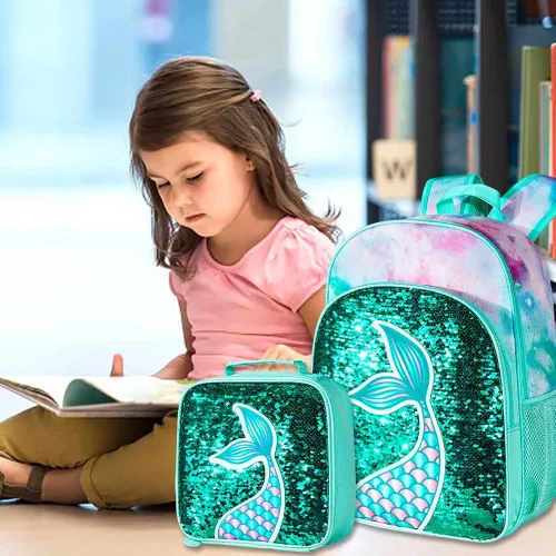 Miniatura 2 de 3 mochilas para niñas, 16 pulgadas con lentejuelas para preescolar y lonchera