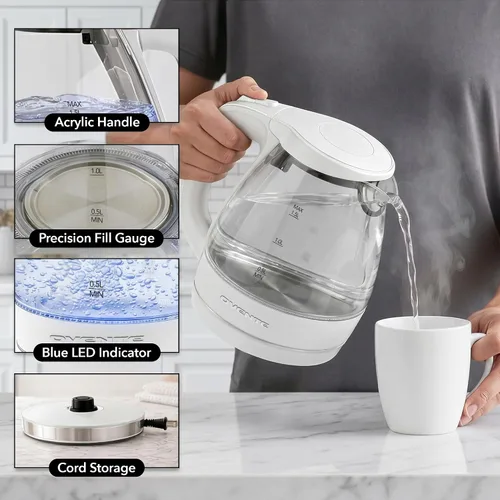 Miniatura 4 de OVENTE Hervidor eléctrico, calentador de agua y hervidor de vidrio borosilicato de 1.5L para encimera para café o té, sin BPA, apagado automático