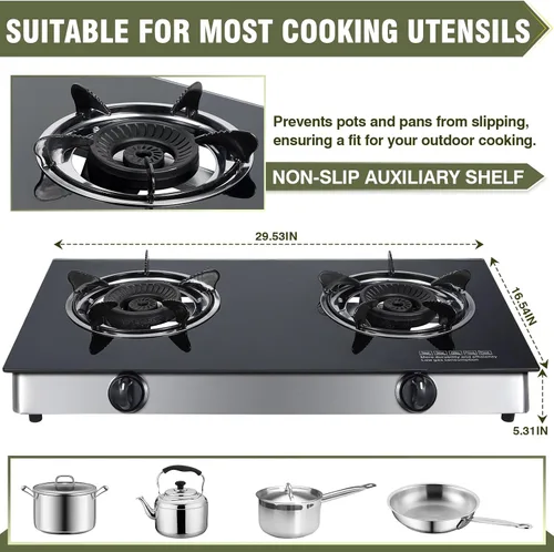 Miniatura 2 de BESTFIRE Placa de cocina de gas propano de 2 quemadores, estufa portátil de vidrio templado de 30,000 BTU con encendido automático, regulador