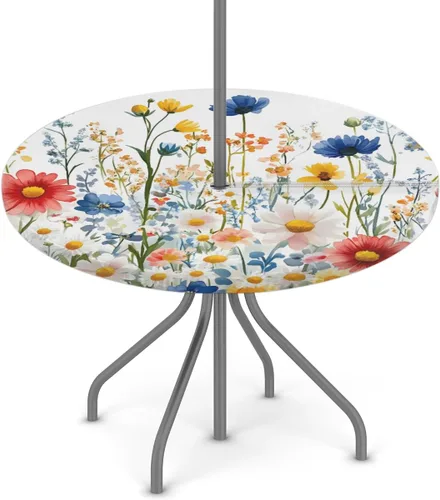 Miniatura 19 de Mantel redondo para exteriores con agujero para paraguas, mantel de temporada con margaritas para exteriores, con cremallera, impermeable, mantel