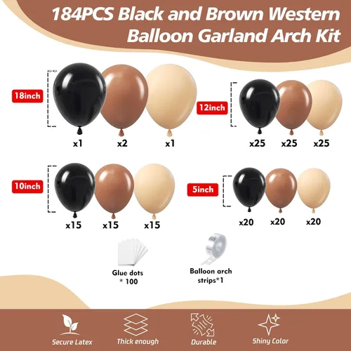 Miniatura 2 de Kit de arco de globos negros y marrones, 184 piezas de guirnalda de globos color negro y marrón desnudo para baby shower de vaquero occidental