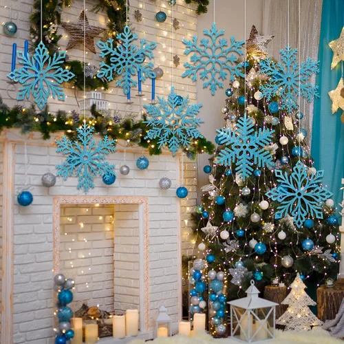 Miniatura 4 de Sratte 24 adornos de copo de nieve grandes de 16 pulgadas, copos de nieve colgantes decorativos con purpurina gigante, 6 diseños de adornos