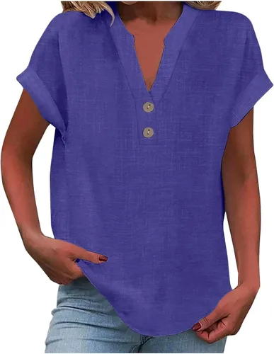 Miniatura 15 de Camisas de lino para mujer 2025 verano casual cuello en V botón abajo manga corta tops moda cómodo negocio trabajo blusas, beige (A-Beige)