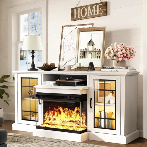 Miniatura 21 de MXV - Soporte de chimenea para TV de 59 pulgadas, centro de entretenimiento estilo granja con soporte de TV de 3 lados de vidrio, consola multimedia