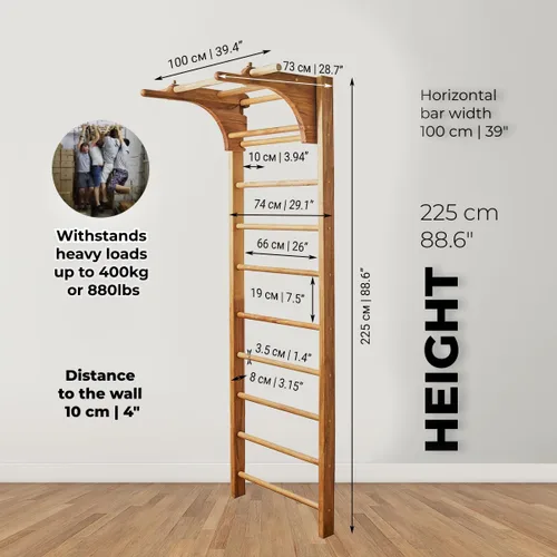 Miniatura 2 de Barras de Pared Suecas en Escalera para Niños y Adultos, hechas de Madera de Haya Sólida, Resisten Cargas hasta 400 kg, con Barra de Dominada