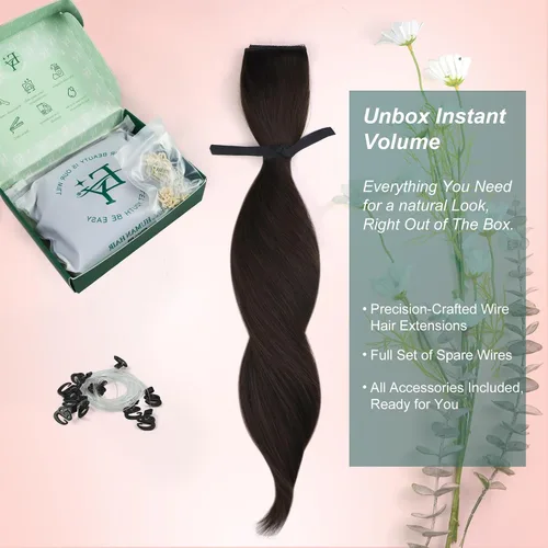 Miniatura 7 de Easyouth Extensiones de cabello humano con alambre, color marrón oscuro, extensiones de cabello humano Remy, extensión de línea de pescado