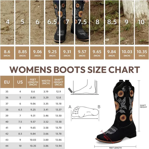 Miniatura 4 de Botas vaqueras bordadas con girasol para mujer, botas vaqueras con punta cuadrada, botas altas de vaquera para todas las estaciones y ocasiones