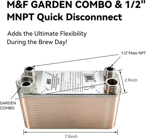 Miniatura 2 de HFS (R) Intercambiador de calor de acero inoxidable 304 de 40 placas de cerveza casera, 7.5 x 2.9 pulgadas, M&F GARDEN COMBO x 1/2 pulgada macho