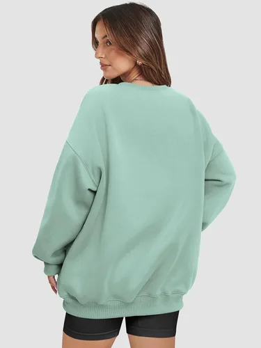 Miniatura 5 de ATHMILE Sudadera de gran tamaño para mujer, cuello redondo, forro polar, manga larga, sudaderas con capucha, tops de otoño, ropa de moda 2025