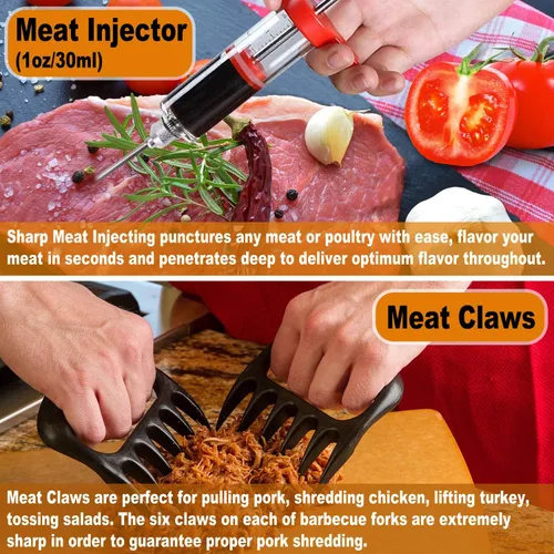 Miniatura 4 de POLIGO 28 accesorios para asar en bolsa con inyector de carne, garras de barbacoa, esteras, termómetro para ahumador, juego de utensilios de Negro