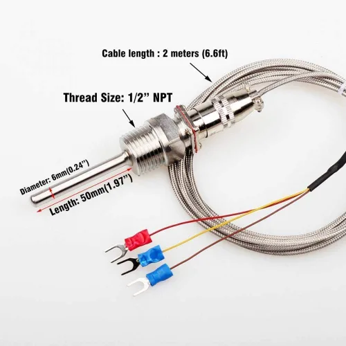 Miniatura 2 de PT100 Termopar Sensor de Temperatura Sonda 1/2" Conector de rosca NPT con 3 cables Cable de 2M, -58~572°F (-50~572.0 °F)