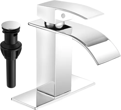 Miniatura 16 de Fransiton Grifo de baño de cascada de níquel cepillado, grifo de lavabo de una sola manija de 1 o 3 agujeros, grifo de lavabo con cubierta y drenaje