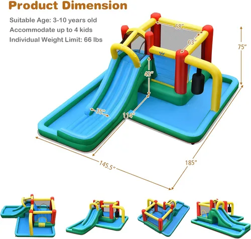 Miniatura 6 de BOUNTECH Tobogán acuático inflable, tobogán acuático para niños, casa de rebote en húmedo y seco, combo para diversión al aire libre con soplador