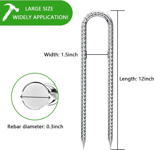 Miniatura 2 de Estacas de Varilla de Refuerzo de 12 Pulgadas Galvanizadas, Estacas para Trampolín con Gancho en U Paquete de 6 Anclajes de Suelo Estacas