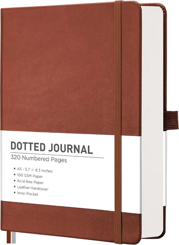 Miniatura 12 de RETTACY Cuaderno Diario Punteado, 320 Páginas Numeradas, Tamaño A5 Mediano (5.7" × 8.3"), Tapa Dura de Cuero, Papel Grueso de 100 GSM, para Diario