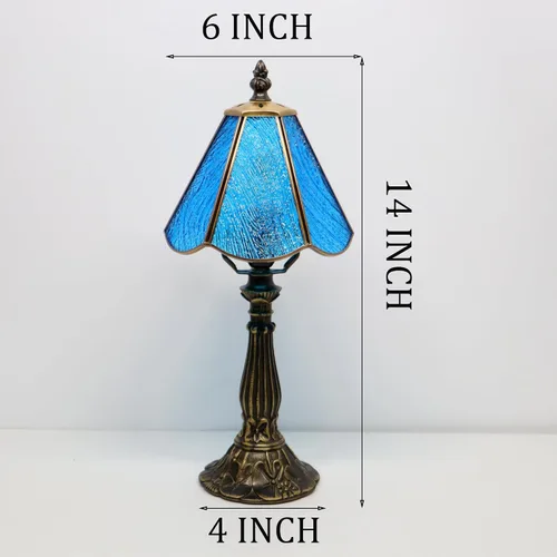 Miniatura 2 de Tiffany Style Table Lamp Blue Rippled Stained Glass Lamp 14 Inch Small Lamp,Desk Lamps,6X6X14 Inch,Bronze Resin Base, Antique Lamp,Mini Accent