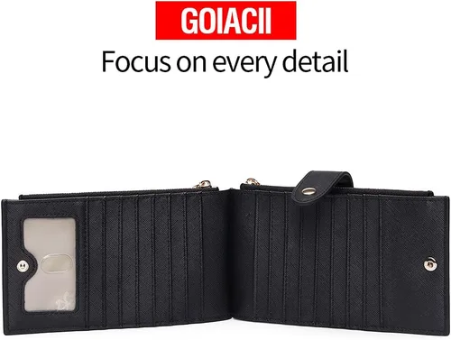 Miniatura 4 de GOIACII - Carteras para mujer de dos pliegues con bloqueo RFID y 2 bolsillos con cremallera, Negro, M