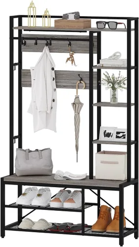 Miniatura 9 de BON AUGURE Árbol de pasillo con banco y almacenamiento para zapatos, banco de entrada con perchero, árbol de abrigos de madera y metal con ganchos