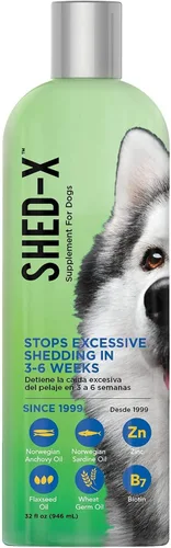 Suplemento líquido Shed-X para perros, 32oz – 100% natural – Ayuda a la muda de pelo en perros, aceite de pescado para perros que apoya la piel y el