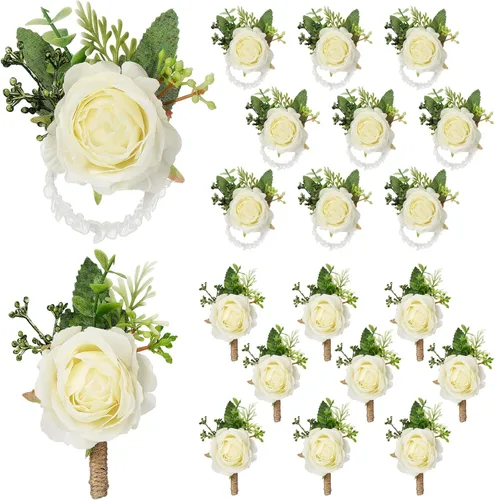 Miniatura 9 de Sherr Juego de 20 ramilletes de rosas y boutonniere, ramillete de muñeca de flores, pulsera de pulsera para novio y hombre, boutonniere de boda