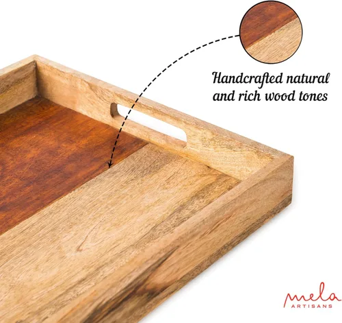 Miniatura 6 de Mela Artisans Bandeja de madera para servir con asas, 15 x 10 x 1.75 pulgadas, bandeja decorativa de madera de mango, bandeja otomana, aperitivos
