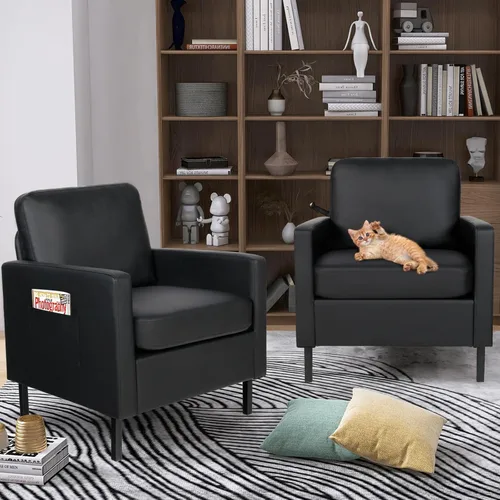 Miniatura 9 de STHOUYN Juego de 2 sillas decorativas de piel sintética negra con brazos, moderna silla de oficina pequeña, sillas de sala de espera para sala
