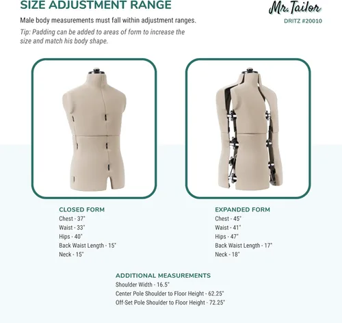 Miniatura 3 de Dritz Mr. Tailor - Forma de vestido ajustable para hombre, talla M a XL, maniquí de ropa masculina para costura, ajuste y drapeado, maniquí